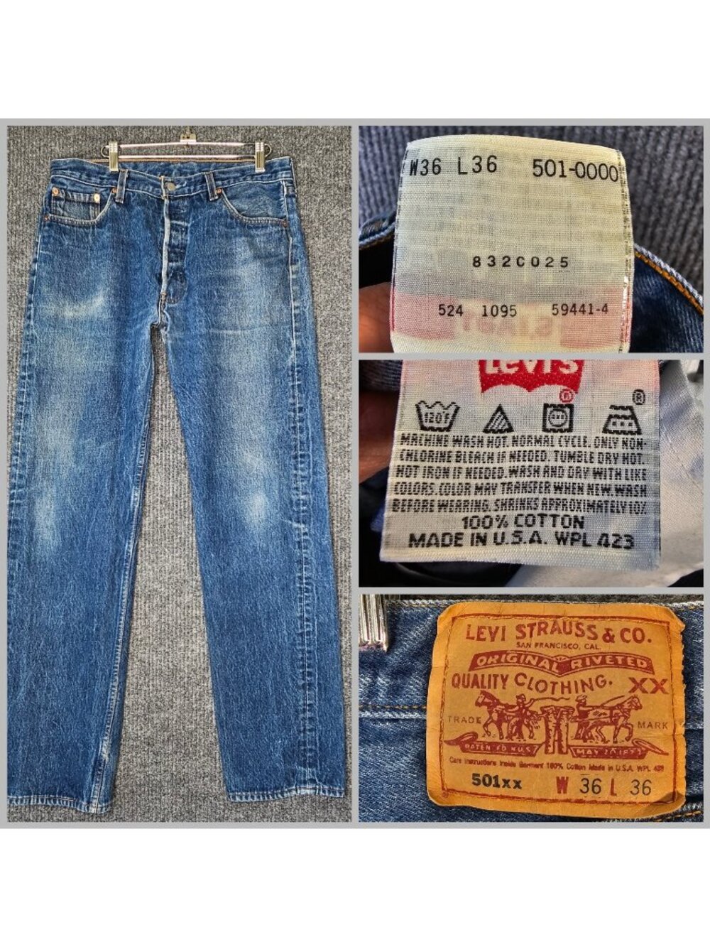 Vintage Levis 501xx Jeans 36x36 act 33" x 33.5 USA Button Fly 90s Levi's VTG